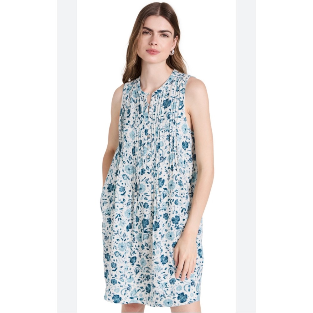Faherty Isha‎ Blue Floral Pintuck Sleeveless Linen Blend Mini Dress XS